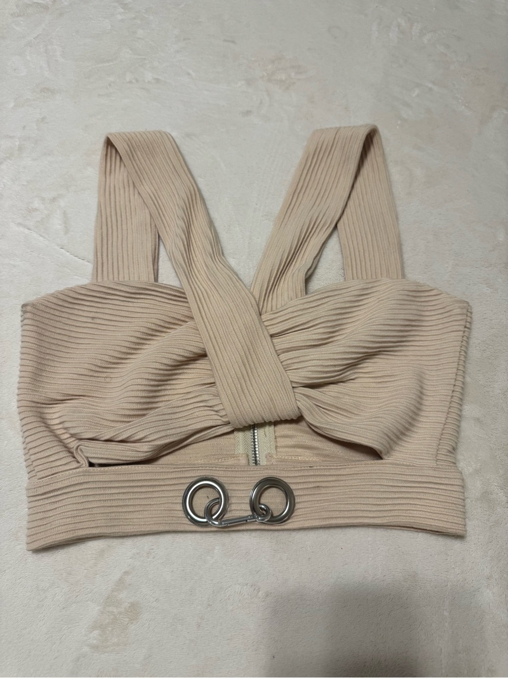 Maniere De Voir Beige Ribbed Twist-Front Crop Top with Silver Rings